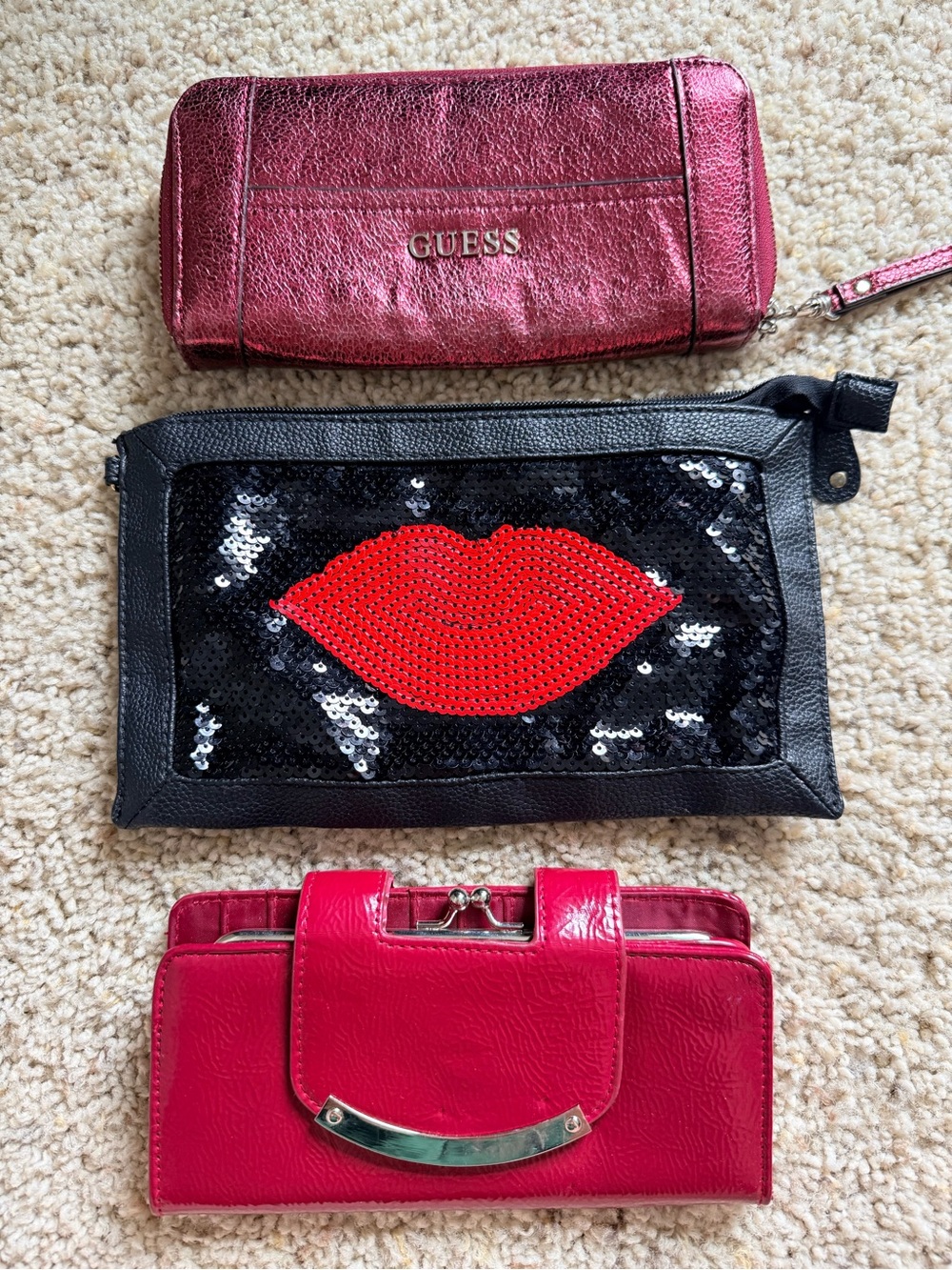 Lot of 3 Women’s Wallets & Clutch Guess Metallic Wristlet Sequin Pouch
